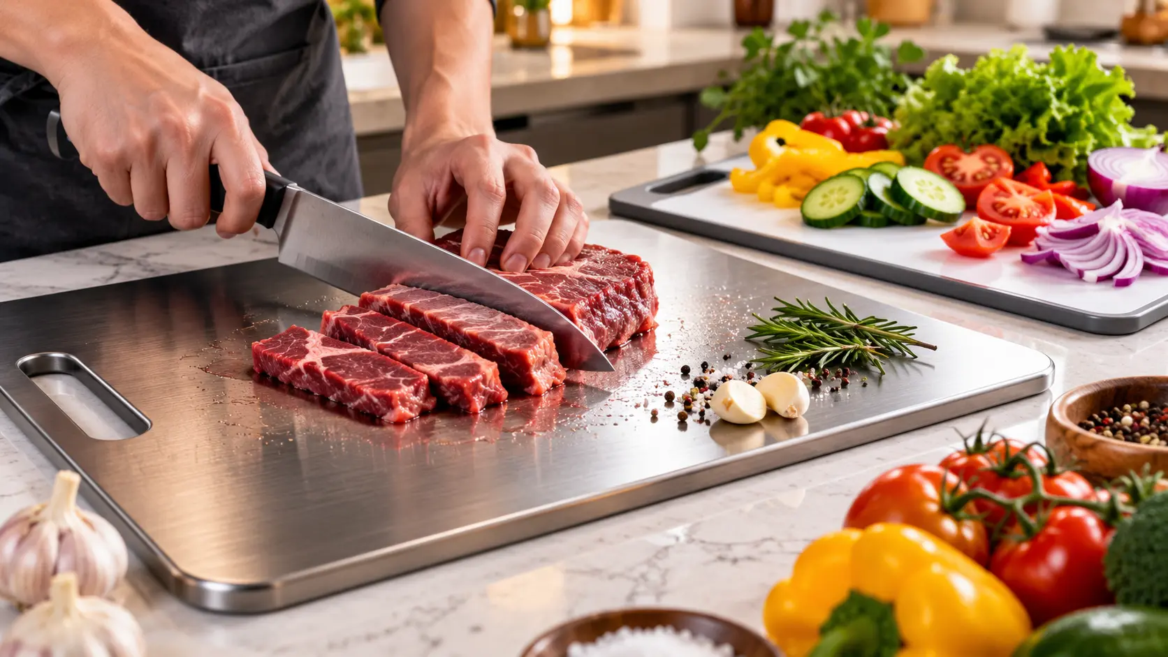 Home cook slicing steak on a titanium cutting board with fresh vegetables, garlic, and herbs in a modern kitchen.