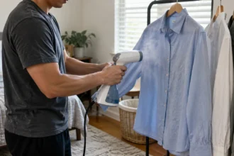 Man using a handheld clothes steamer to remove wrinkles from a blue button-up shirt at home.