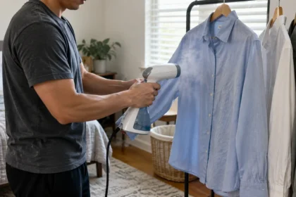 Man using a handheld clothes steamer to remove wrinkles from a blue button-up shirt at home.