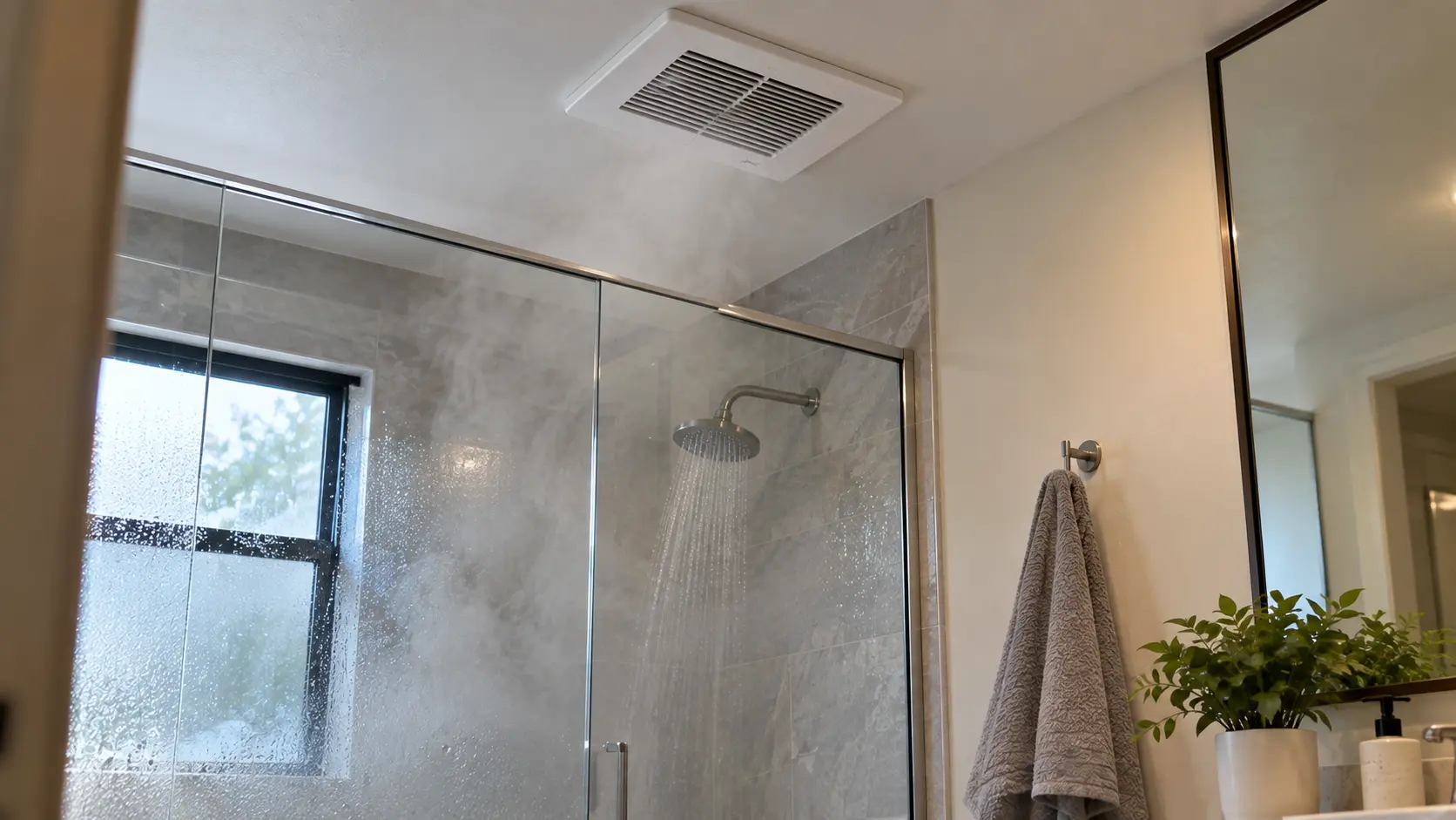 Best bathroom exhaust fan removing steam and moisture from a modern bathroom after a hot shower