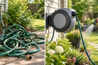 Wall-mounted retractable garden hose reel watering plants in a landscaped backyard.