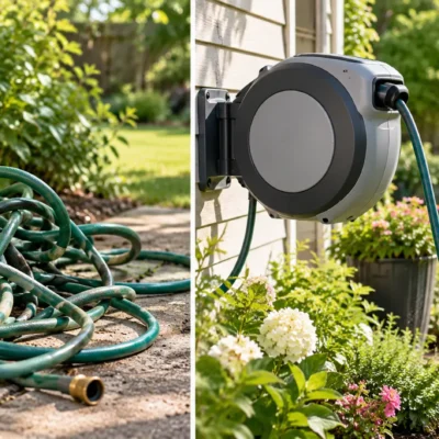 Wall-mounted retractable garden hose reel watering plants in a landscaped backyard.