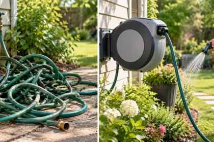 Wall-mounted retractable garden hose reel watering plants in a landscaped backyard.