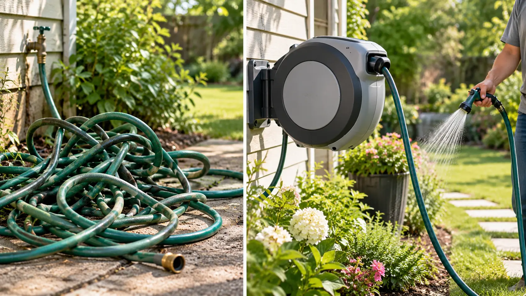 Wall-mounted retractable garden hose reel watering plants in a landscaped backyard.