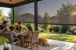 Family of four enjoying a meal on a covered backyard patio with outdoor roller shades filtering the afternoon sun, while a golden retriever rests nearby.