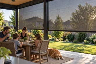 Family of four enjoying a meal on a covered backyard patio with outdoor roller shades filtering the afternoon sun, while a golden retriever rests nearby.