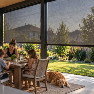 Family of four enjoying a meal on a covered backyard patio with outdoor roller shades filtering the afternoon sun, while a golden retriever rests nearby.