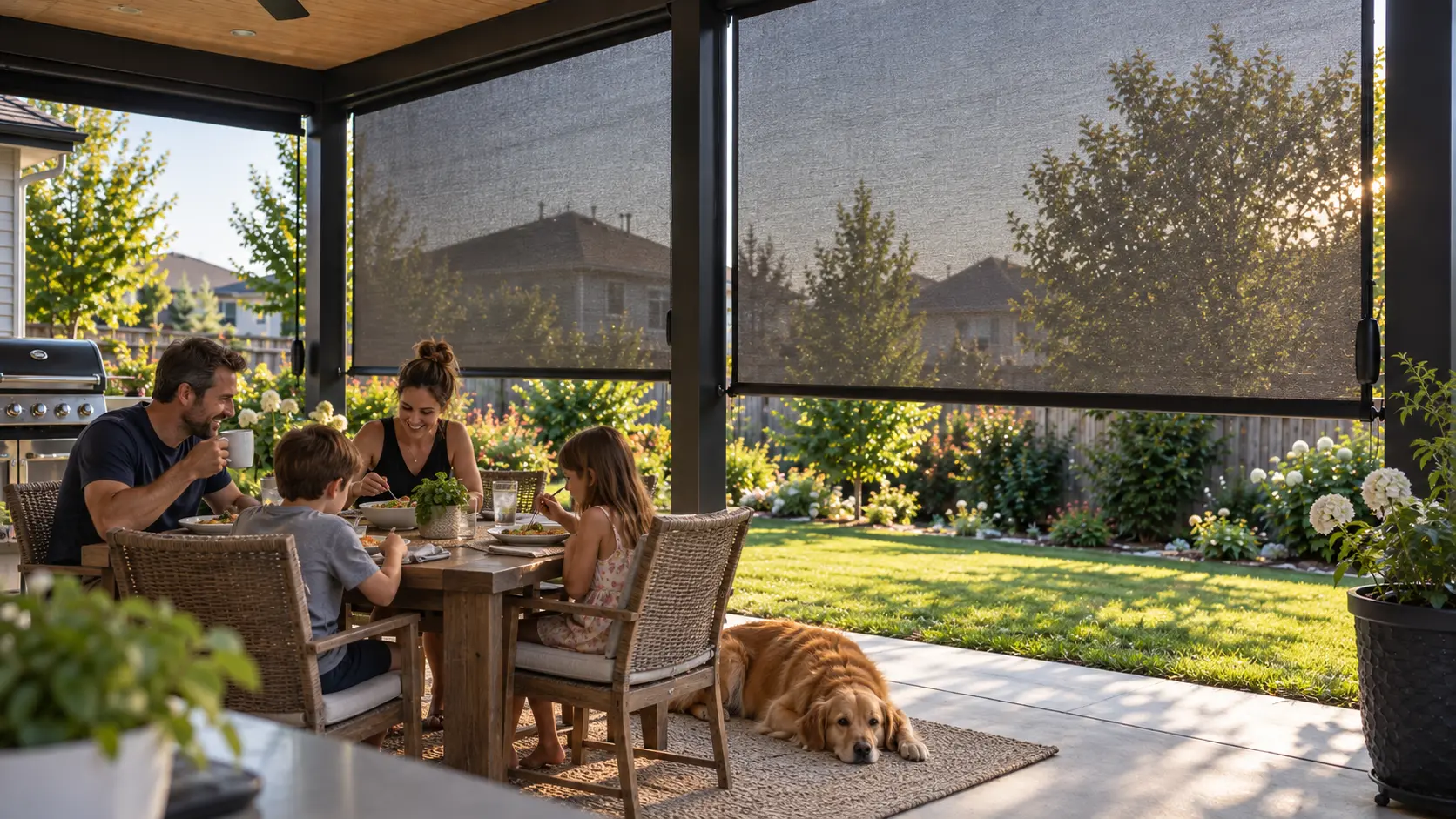 Family of four enjoying a meal on a covered backyard patio with outdoor roller shades filtering the afternoon sun, while a golden retriever rests nearby.